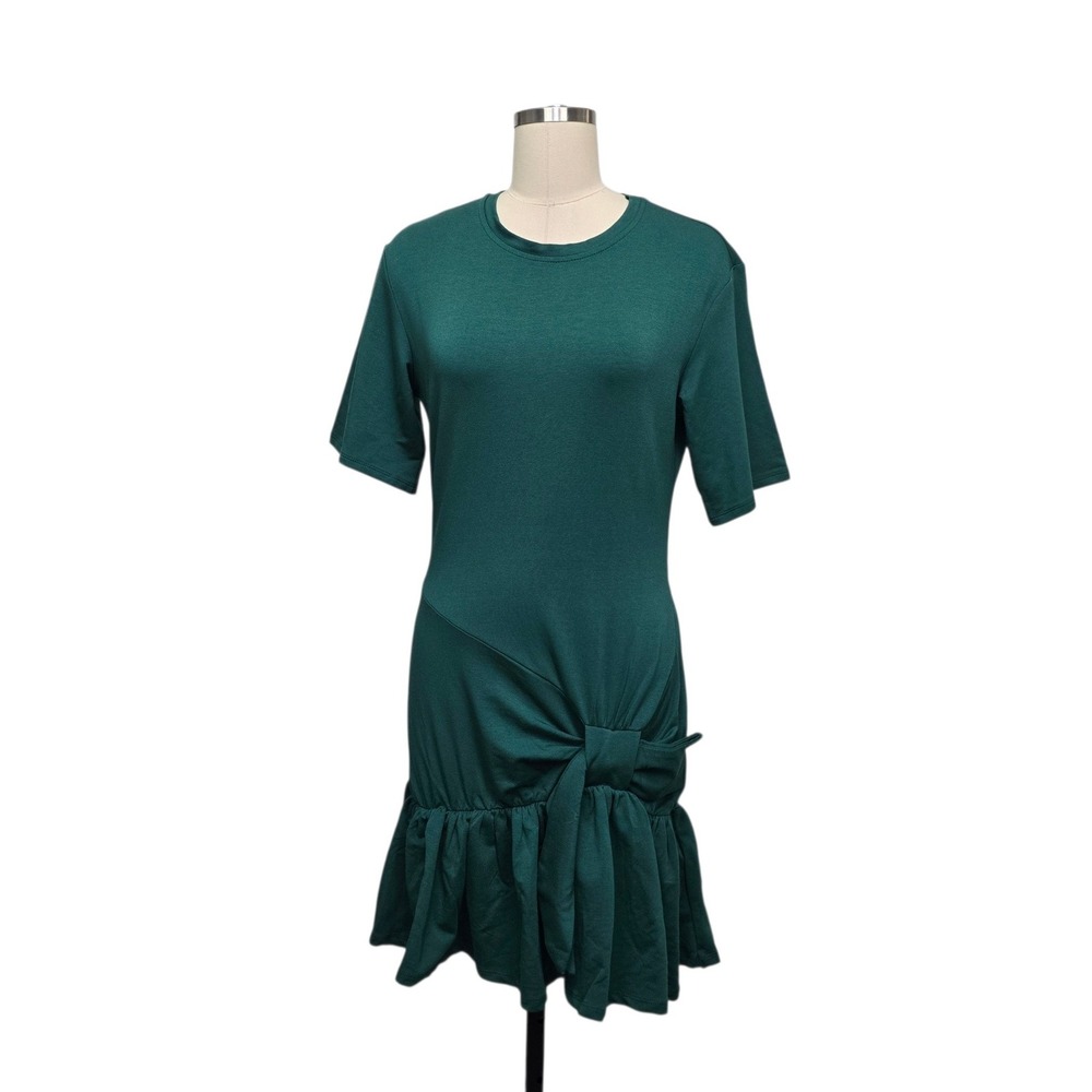 Daily Practice by Anthropologie Dark Green Side Tie Ruffle Hem T-Shirt Dress XS